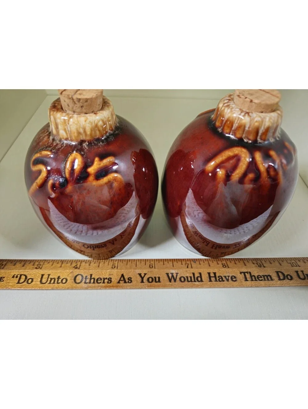 Hull Salt & Pepper Shakers Brown Drip With Corks Vintage Oven Proof USA Ceramic